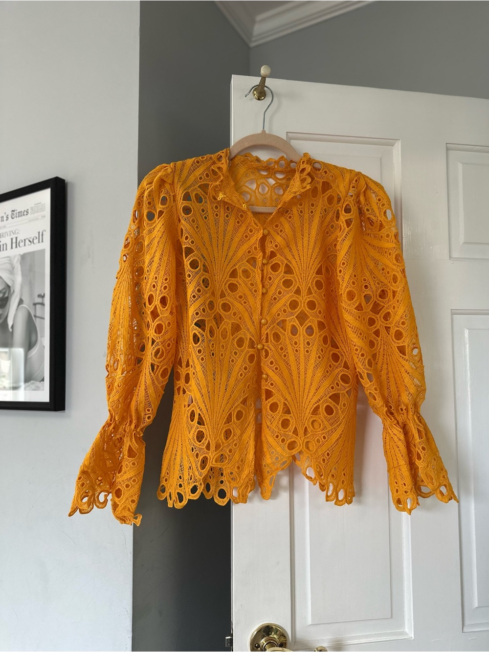 Vibrant Orange Crochet Lace Button-Down Top